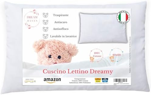 Cuscino Lettino Bambino, Cuscino culla 40x60, Cuscino Asilo Traspirante Antiacaro, Cuscino Antisoffoco 100% Cotone Made in Italy