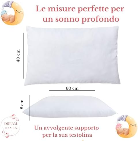 Cuscino Lettino Bambino, Cuscino culla 40x60, Cuscino Asilo Traspirante Antiacaro, Cuscino Antisoffoco 100% Cotone Made in Italy