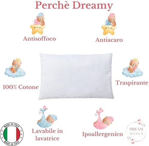 Cuscino Lettino Bambino, Cuscino culla 40x60, Cuscino Asilo Traspirante Antiacaro, Cuscino Antisoffoco 100% Cotone Made in Italy