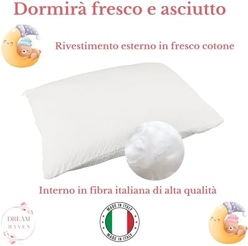 Cuscino Lettino Bambino, Cuscino culla 40x60, Cuscino Asilo Traspirante Antiacaro, Cuscino Antisoffoco 100% Cotone Made in Italy