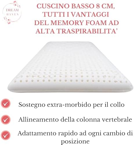 Cuscino Basso Cervicale 8 cm in Memory Foam, Cuscino letto ideale per Bambini, Ragazzi e Adulti, Anallergico e Antiacaro con Federa in Silver, Cuscino Memory Foam 100% Made in Italy