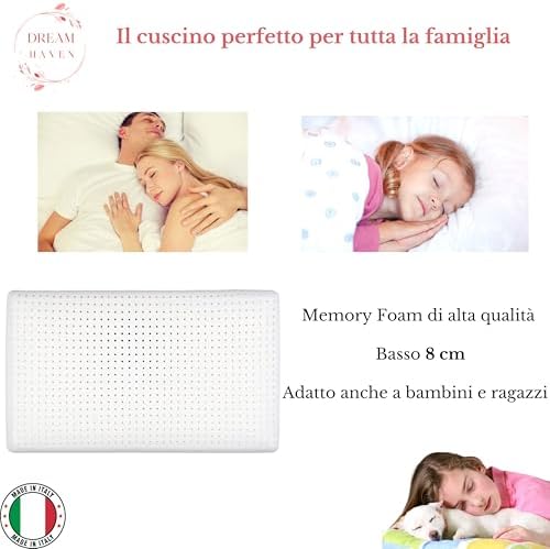 Cuscino Basso Cervicale 8 cm in Memory Foam, Cuscino letto ideale per Bambini, Ragazzi e Adulti, Anallergico e Antiacaro con Federa in Silver, Cuscino Memory Foam 100% Made in Italy