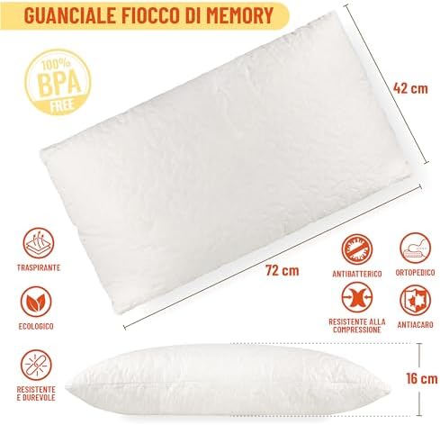 Guanciale fiocco di memory, cuscino memory foam traspirante, anallergico e antiacaro. Made in Italy 100%