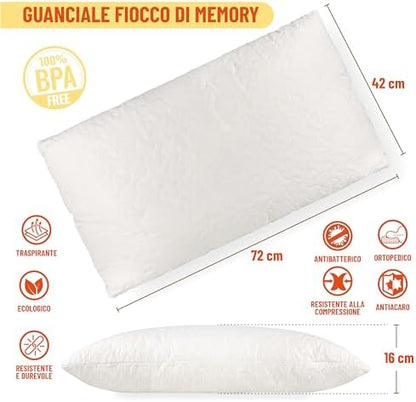 Guanciale fiocco di memory, cuscino memory foam traspirante, anallergico e antiacaro. Made in Italy 100%