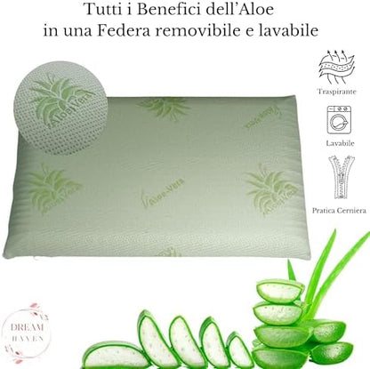Cuscino Memory Foam a Saponetta con Federa in Aloe Vera, Cuscino letto Cervicale e Ortopedico, Guanciale Letto Anti Acaro e Anallergico
