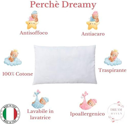 Cuscino Lettino Bambino, Cuscino culla 40x60, Cuscino Asilo Traspirante Antiacaro, Cuscino Antisoffoco 100% Cotone Made in Italy