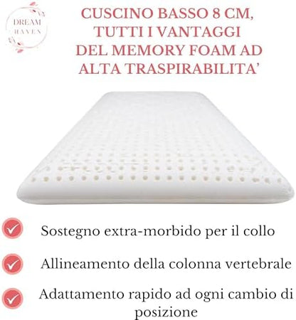 Cuscino Basso Cervicale 8 cm in Memory Foam, Cuscino letto ideale per Bambini, Ragazzi e Adulti, Anallergico e Antiacaro con Federa in Silver, Cuscino Memory Foam 100% Made in Italy