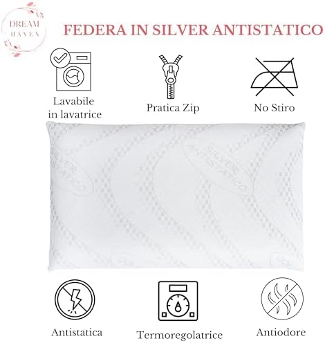Cuscino Basso Cervicale 8 cm in Memory Foam, Cuscino letto ideale per Bambini, Ragazzi e Adulti, Anallergico e Antiacaro con Federa in Silver, Cuscino Memory Foam 100% Made in Italy
