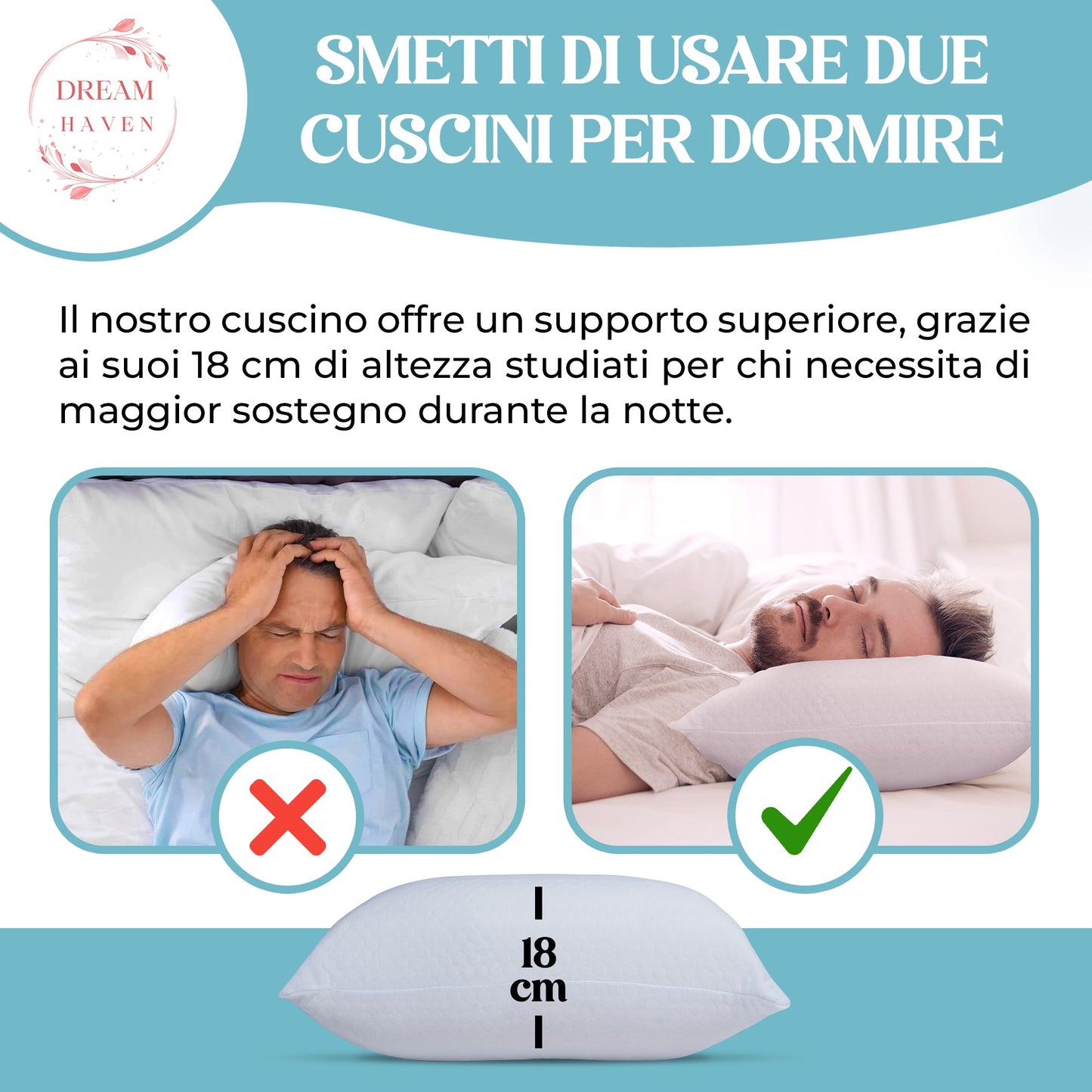 Cuscino Alto 18 cm in Memory Foam, Antirussamento e Antireflusso, Cuscino Cervicale per Dormire con Federa Refresh Antiacaro e Anallergica, Cuscino Letto Ergonomico Made in Italy